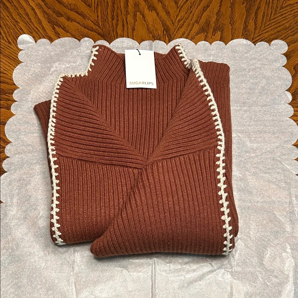 NWT Sugarlips Brown Cole Whipstitch Turtleneck Sweater. Size L